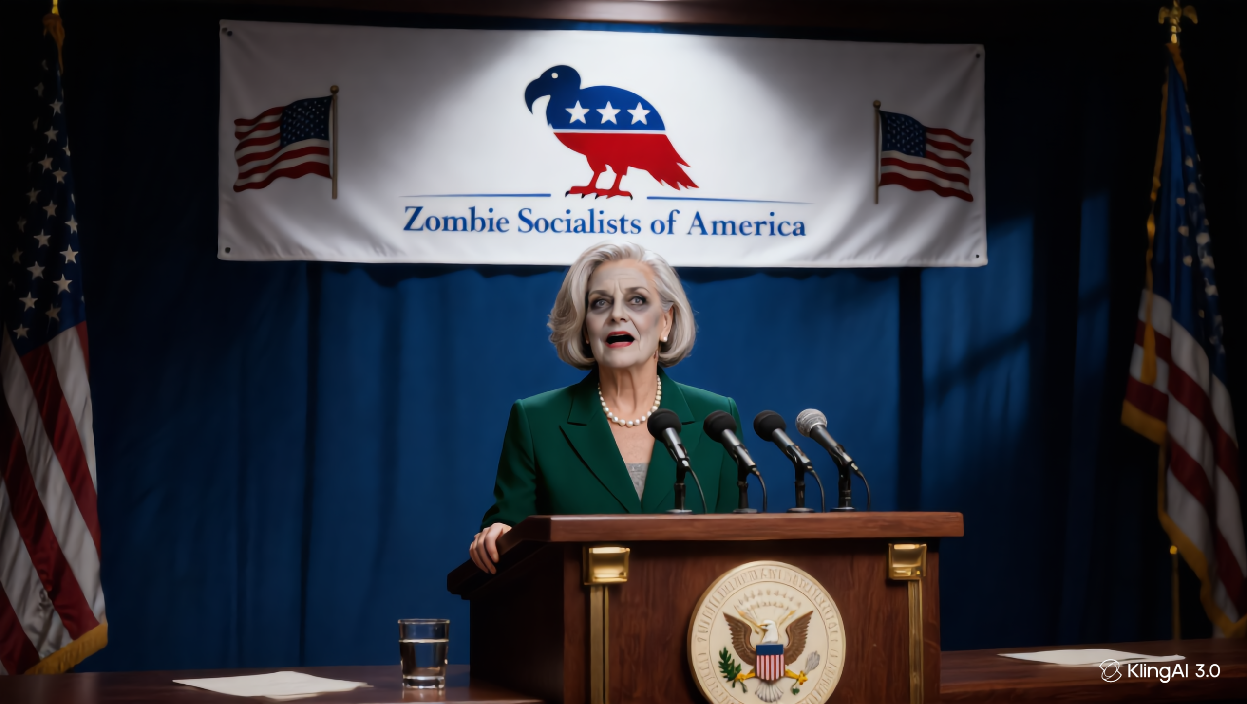 Celeste Vandermulch alone at a press conference podium.